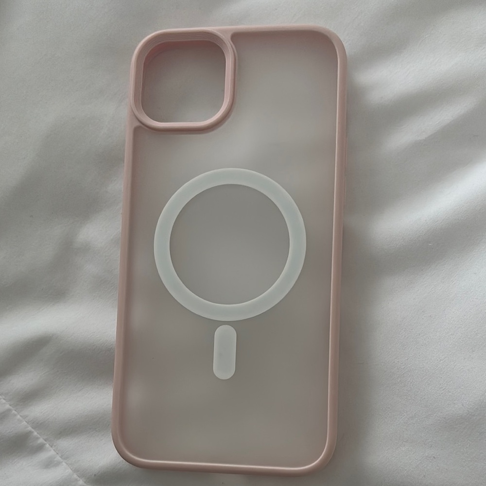 iPhone 15 Plus pink and clear case with MagSafe